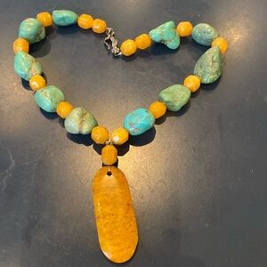 16” yellow jasper and turquoise choker necklace
